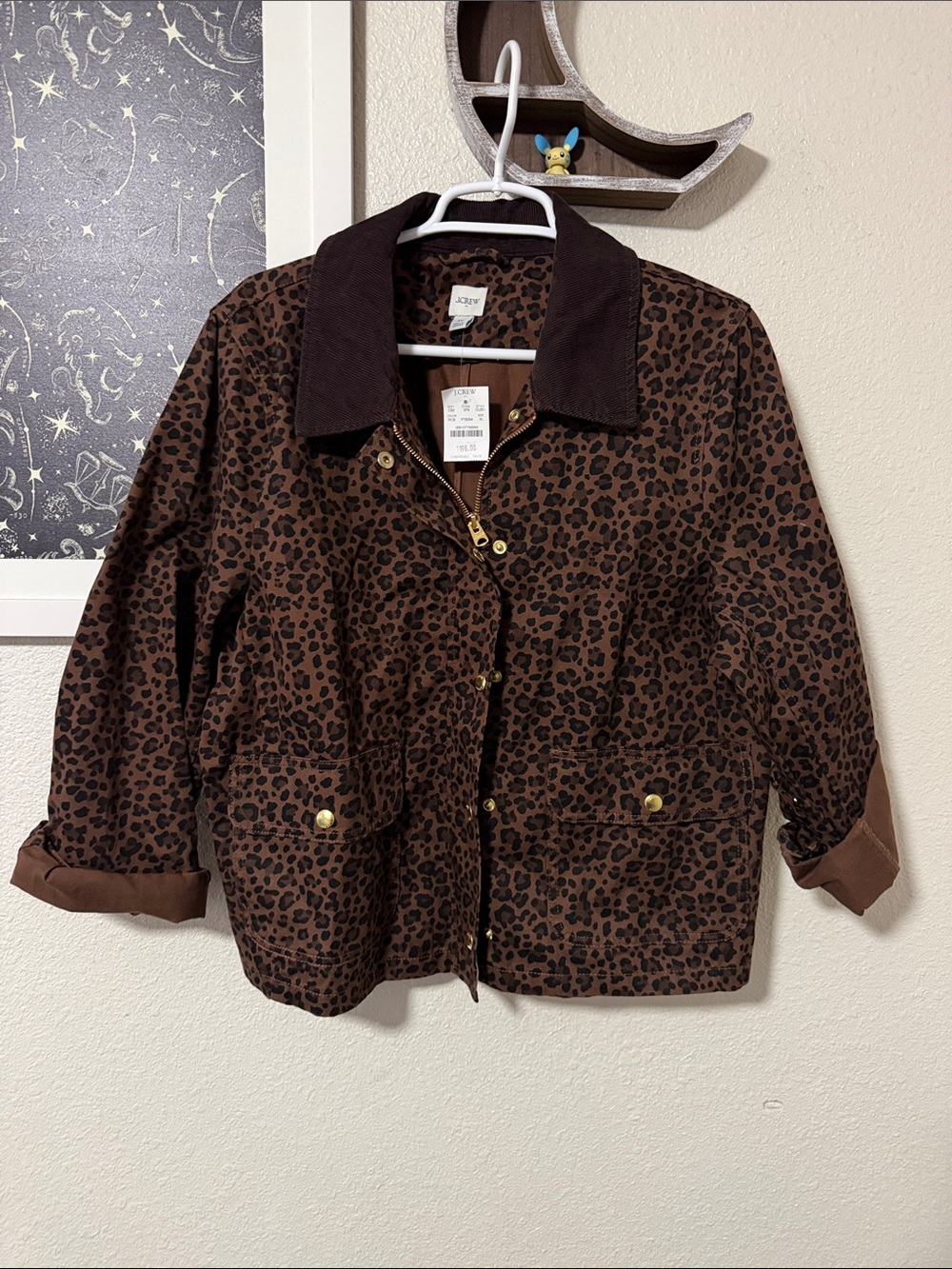 J. Crew Brown Leopard-Print Utility Jacket with Dark Brown Corduroy Collar